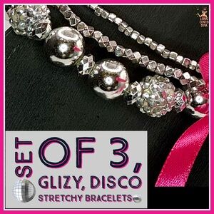 🪩🪩🪩Set of 3, Glitzy, Silver-Toned, Disco, Stretchy Bracelets/6.5”- 3”